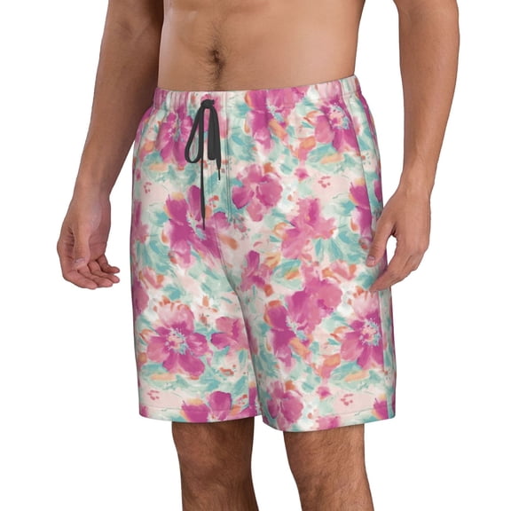 Uemuo Purple Watercolor Flowers Pattern Men's Swim Trunks Hawaiian Beach Bathing Suit Swimsuits Beach Quick-Dry Shorts with Pockets-Large
