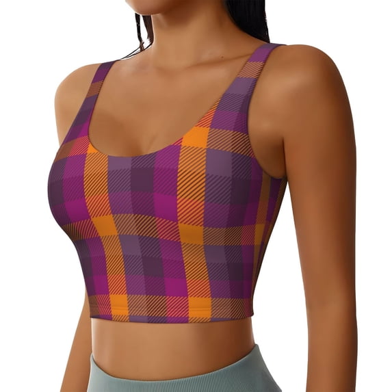 Uemuo Purple Yellow Buffalo Plaid Pattern Women's Sports Bra - High Impact Support, Breathable, and Comfortable Athletic Bra for Running, Yoga, and Workouts