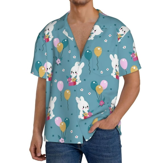 Uemuo Rabbit And Balloon Pattern Cotton Linen Short Sleeve Shirts,Casual Lightweight Button Down Shirts,Vacation Beach Summer Tops-X-Large