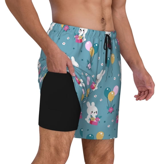 Uemuo Rabbit And Balloon Pattern Mens Swim Trunks Quick Dry Board Shorts with Mesh Lining, Stretch Beach Shorts Quick Dry No-Chafing Board Shorts-X-Large