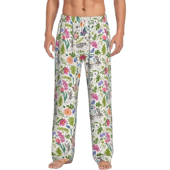 Uemuo Rabbit And Butterfly Pattern Men's Wide Leg Palazzo Lounge Pants with Pockets Light Weight Loose Comfy Casual Pajama Pants-Large