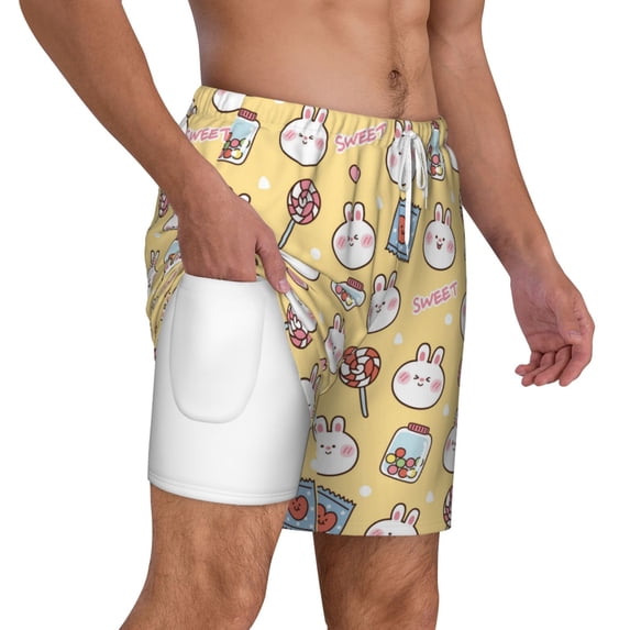 Uemuo Rabbit And Candy Pattern Mens Swim Trunks Quick Dry Board Shorts with Mesh Lining, Stretch Beach Shorts Quick Dry No-Chafing Board Shorts-Large