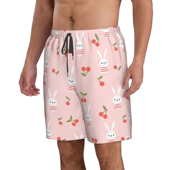 Uemuo Rabbit And Cherry Pattern Men's Swim Trunks Hawaiian Beach Bathing Suit Swimsuits Beach Quick-Dry Shorts with Pockets-Small