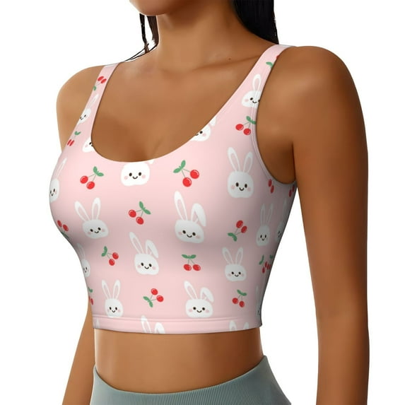 Uemuo Rabbit And Cherry Pattern Women's Sports Bra - High Impact Support, Breathable, and Comfortable Athletic Bra for Running, Yoga, and Workouts