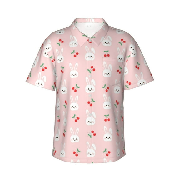 Uemuo Rabbit And Cherry Printed Regular Fit Short Sleeve Casual Hawaiian Shirt for Men,Aloha shirt,Tropical shirt,Floral print shirt,Vacation Beach shirt-Medium