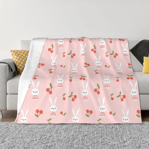 Uemuo Rabbit And Cherry Printed Throw Blanket for Couch, Fluffy Fuzzy Blankets for Bed, Sofa, Cozy Flannel Faux Fur Blanket-40"x30"