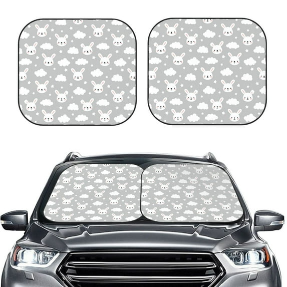 Uemuo Rabbit And Cloud Printed 2 PCS Car Windshield Sun Shade, Auto Sun Heat and UV Rays Blocker, Foldable Automotive Front Window Sunshade Protector