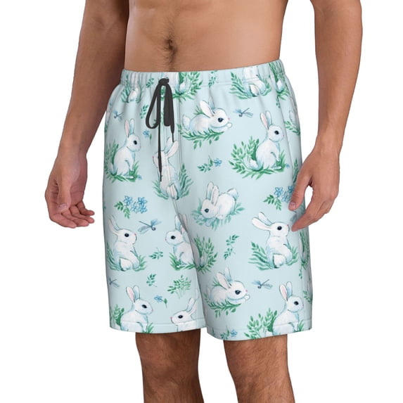 Uemuo Rabbit And Dragonfly Pattern Men's Swim Trunks Hawaiian Beach Bathing Suit Swimsuits Beach Quick-Dry Shorts with Pockets-X-Large