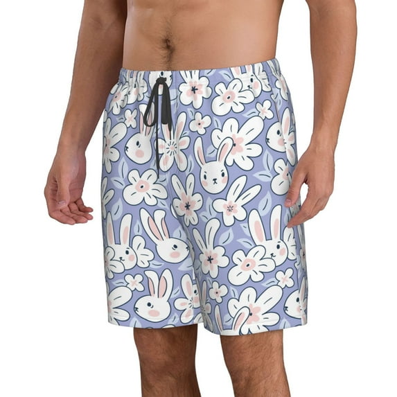 Uemuo Rabbit And Floral Pattern Men's Swim Trunks Hawaiian Beach Bathing Suit Swimsuits Beach Quick-Dry Shorts with Pockets-X-Large