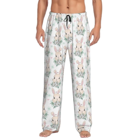 Uemuo Rabbit And Flower Pattern Men's Wide Leg Palazzo Lounge Pants with Pockets Light Weight Loose Comfy Casual Pajama Pants-X-Large