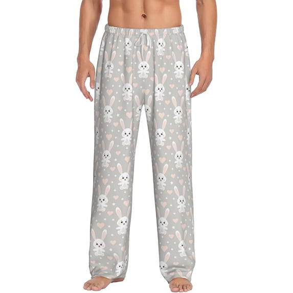 Uemuo Rabbit And Heart Pattern Men's Wide Leg Palazzo Lounge Pants with Pockets Light Weight Loose Comfy Casual Pajama Pants-Small