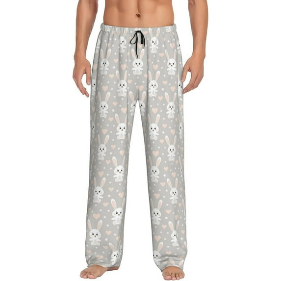 Uemuo Rabbit And Heart Pattern Men's Wide Leg Palazzo Lounge Pants with Pockets Light Weight Loose Comfy Casual Pajama Pants-X-Large