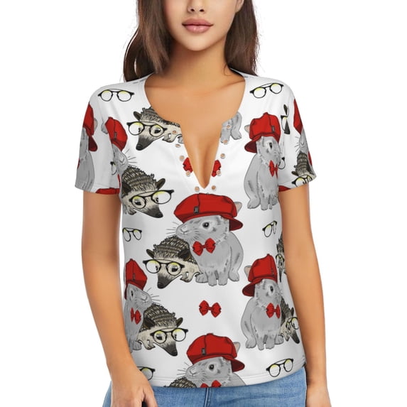 Uemuo Rabbit And Hedgehog Drawing Women's Deep V-Neck Low Cut Tops - Casual Loose Fit with Stainless Steel Loop, Soft, Breathable, Perfect for Office, Travel, and Daily Wear-Medium