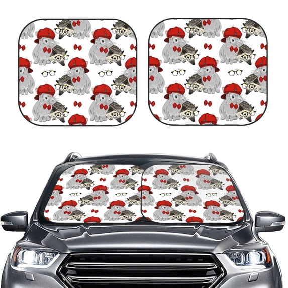 Uemuo Rabbit And Hedgehog Printed 2 PCS Car Windshield Sun Shade, Auto Sun Heat and UV Rays Blocker, Foldable Automotive Front Window Sunshade Protector
