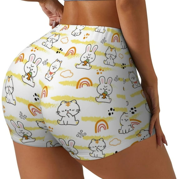 Uemuo Rabbit And Milk Tea Pattern Women Workout Impact Shorts Scrunch Butt Lifting Gym Shorts Seamless Booty Biker Shorts-X-Large