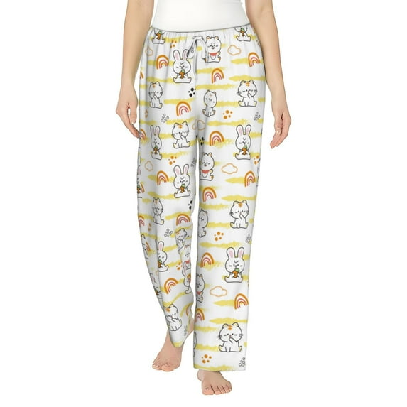 Uemuo Rabbit And Milk Tea Pattern Women's Wide Leg Palazzo Lounge Pants with Pockets Light Weight Loose Comfy Casual Pajama Pants-Large