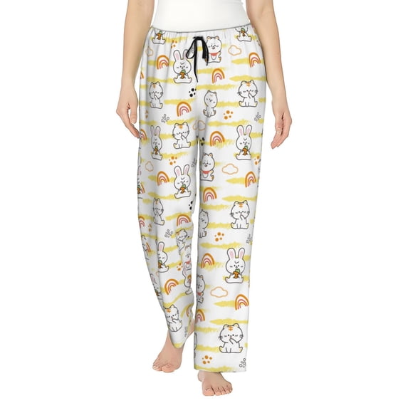 Uemuo Rabbit And Milk Tea Pattern Women's Wide Leg Palazzo Lounge Pants with Pockets Light Weight Loose Comfy Casual Pajama Pants-