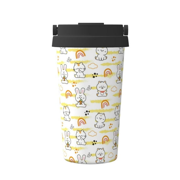 Uemuo Rabbit And Milk Tea Print Carry Insulated Coffee Mug, Travel Mug with Hidden Handle, Insulated Coffee Flask, Leak-proof Travel Mug Insulated Mug for Office