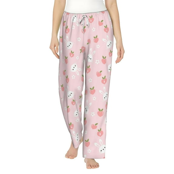 Uemuo Rabbit And Peach Pattern Women's Wide Leg Palazzo Lounge Pants with Pockets Light Weight Loose Comfy Casual Pajama Pants-Small