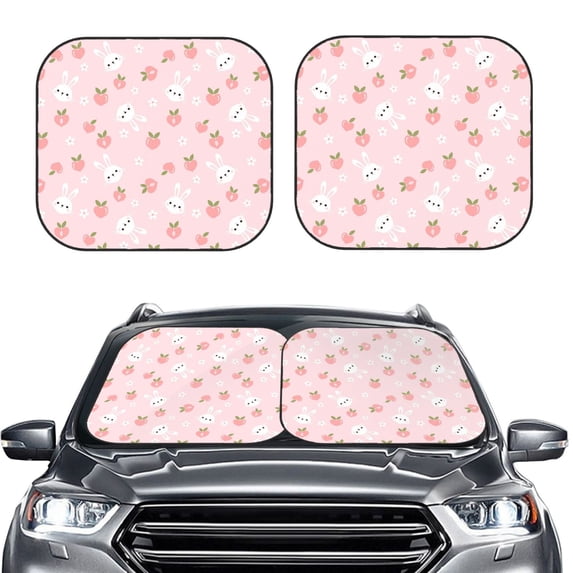 Uemuo Rabbit And Peach Printed 2 PCS Car Windshield Sun Shade, Auto Sun Heat and UV Rays Blocker, Foldable Automotive Front Window Sunshade Protector