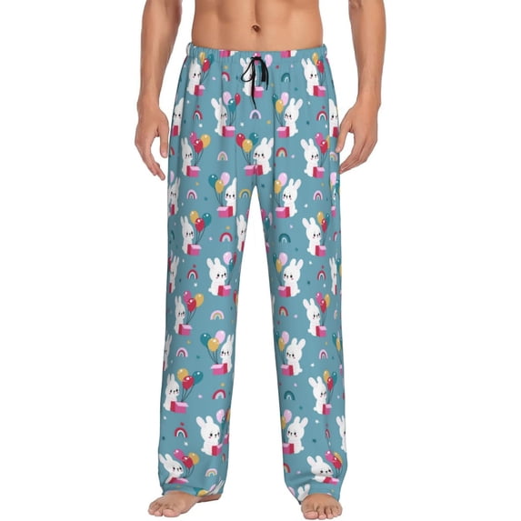 Uemuo Rabbit And Rainbow Pattern Men's Wide Leg Palazzo Lounge Pants with Pockets Light Weight Loose Comfy Casual Pajama Pants-X-Large