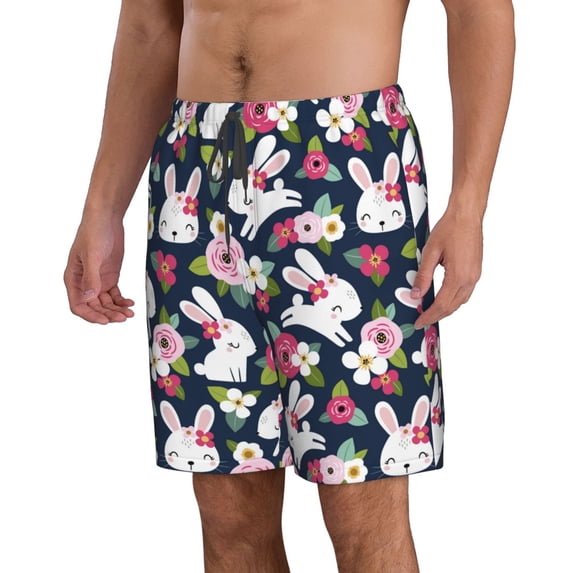 Uemuo Rabbit And Rose Pattern Men's Swim Trunks Hawaiian Beach Bathing Suit Swimsuits Beach Quick-Dry Shorts with Pockets-Large