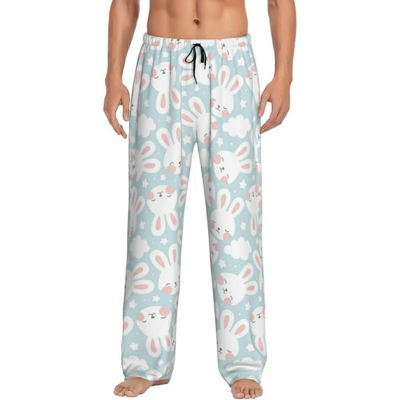 Uemuo Rabbit And Star Pattern Men's Wide Leg Palazzo Lounge Pants with Pockets Light Weight Loose Comfy Casual Pajama Pants-Medium