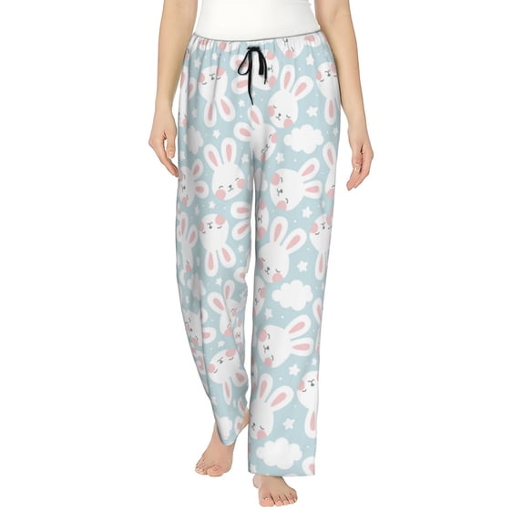 Uemuo Rabbit And Star Pattern Women's Wide Leg Palazzo Lounge Pants with Pockets Light Weight Loose Comfy Casual Pajama Pants-Large