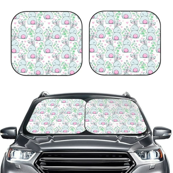 Uemuo Rabbit Back View Printed 2 PCS Car Windshield Sun Shade, Auto Sun Heat and UV Rays Blocker, Foldable Automotive Front Window Sunshade Protector