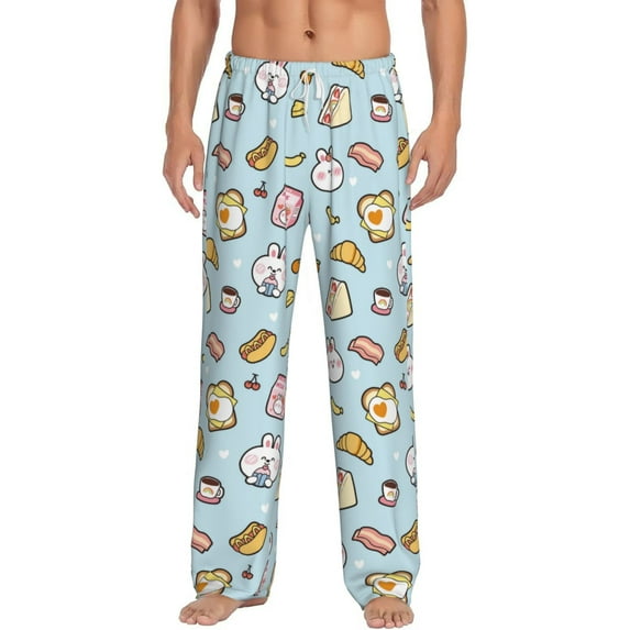 Uemuo Rabbit Burger Coffee Pattern Men's Wide Leg Palazzo Lounge Pants with Pockets Light Weight Loose Comfy Casual Pajama Pants-Large