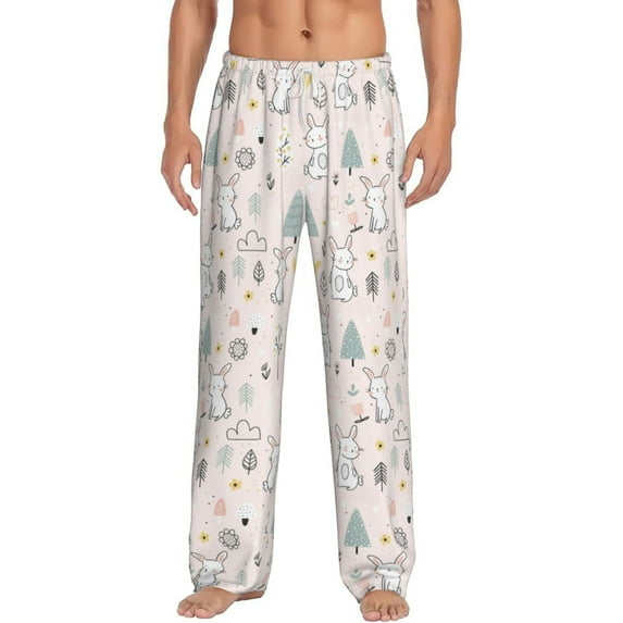 Uemuo Rabbit Forest Pattern Men's Wide Leg Palazzo Lounge Pants with Pockets Light Weight Loose Comfy Casual Pajama Pants-Small