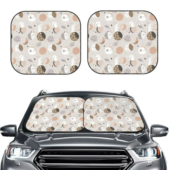 Uemuo Rabbit In Space Printed 2 PCS Car Windshield Sun Shade, Auto Sun Heat and UV Rays Blocker, Foldable Automotive Front Window Sunshade Protector