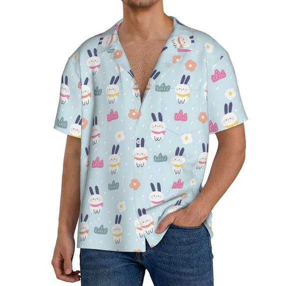 Uemuo Rabbit In The Rain Pattern Cotton Linen Short Sleeve Shirts,Casual Lightweight Button Down Shirts,Vacation Beach Summer Tops-X-Large