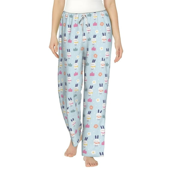 Uemuo Rabbit In The Rain Pattern Women's Wide Leg Palazzo Lounge Pants with Pockets Light Weight Loose Comfy Casual Pajama Pants-Large