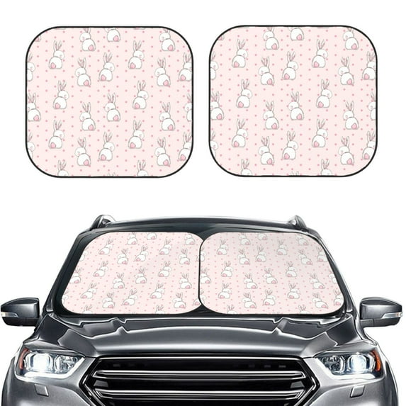 Uemuo Rabbit Printed 2 PCS Car Windshield Sun Shade, Auto Sun Heat and UV Rays Blocker, Foldable Automotive Front Window Sunshade Protector