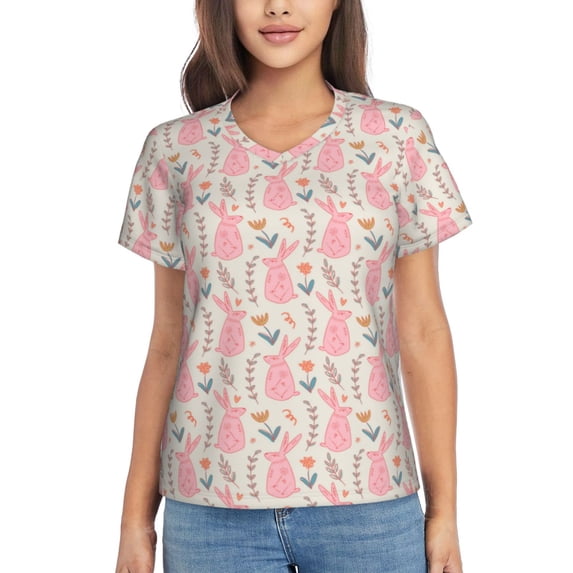 Uemuo Rabbit Printed Women's Classic V-Neck T-Shirt - Soft, Breathable, Moisture-Wicking, Perfect for Casual, Office, Travel, and Everyday Wear-Large