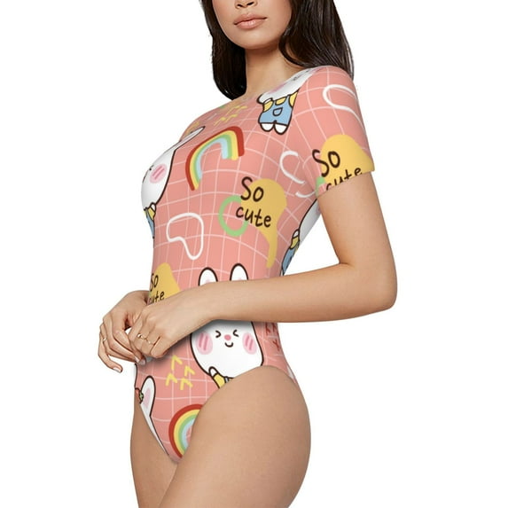 Uemuo Rabbit So Cute Pattern Women's One Piece Short Sleeve Swimsuit Rash Guard Surfing Modest Quick-drying Swimsuit Beach Essentials-X-Large