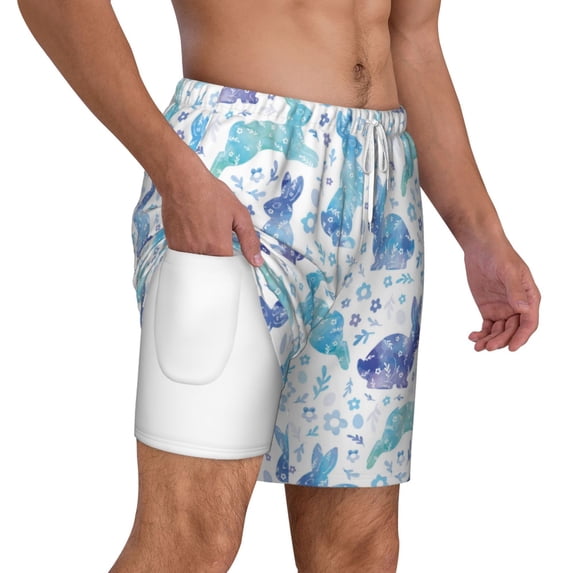 Uemuo Rabbit2 Pattern Mens Swim Trunks Quick Dry Board Shorts with Mesh Lining, Stretch Beach Shorts Quick Dry No-Chafing Board Shorts-3X-Large