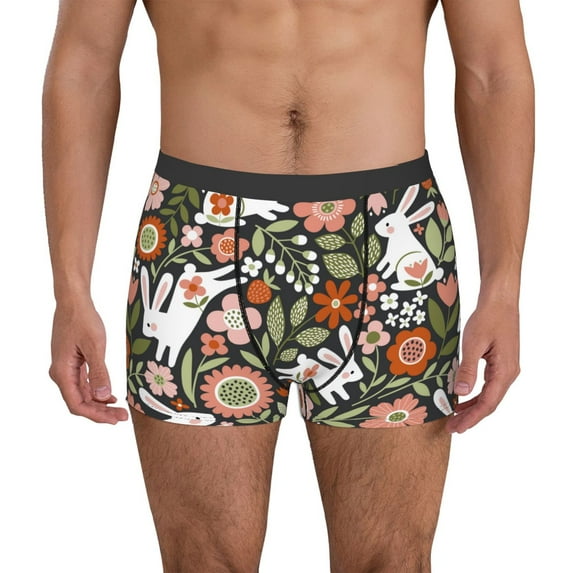 Uemuo Rabbits on Floral Pattern Men's Boxer Briefs,Trunk Anti-Chafing,Comfortable, Durable, and Stylish Underwear-Small