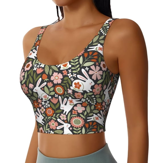 Uemuo Rabbits on Floral Pattern Women's Sports Bra - High Impact Support, Breathable, and Comfortable Athletic Bra for Running, Yoga, and Workouts
