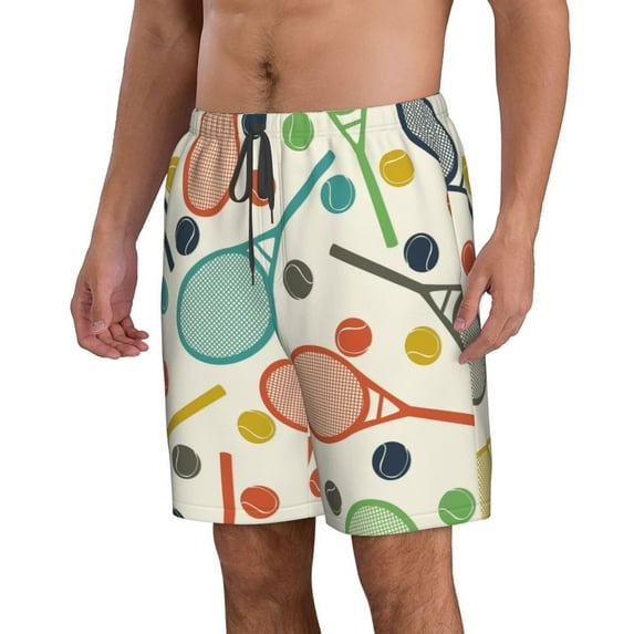 Uemuo Racket and Tennis Ball Pattern Men's Swim Trunks Hawaiian Beach Bathing Suit Swimsuits Beach Quick-Dry Shorts with Pockets-3X-Large