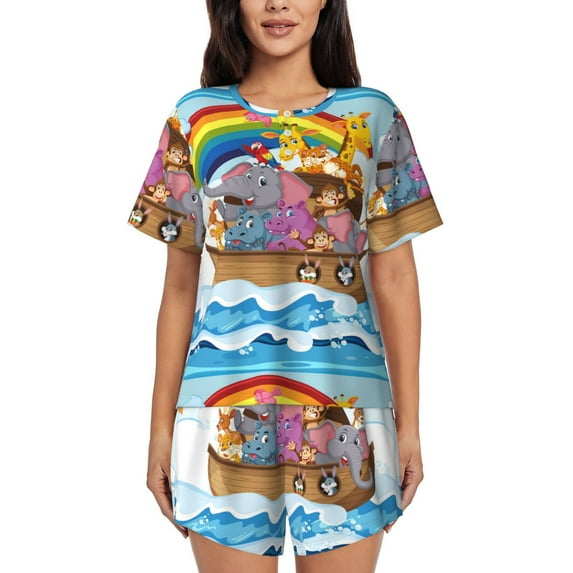 Uemuo Rainbow Animals on Noah's Ark Pattern Women's Short-Sleeved Pajama, Button-Front Loungewear, 2-Piece Summer Sleepwear, Elastic Drawstring Shorts-Large