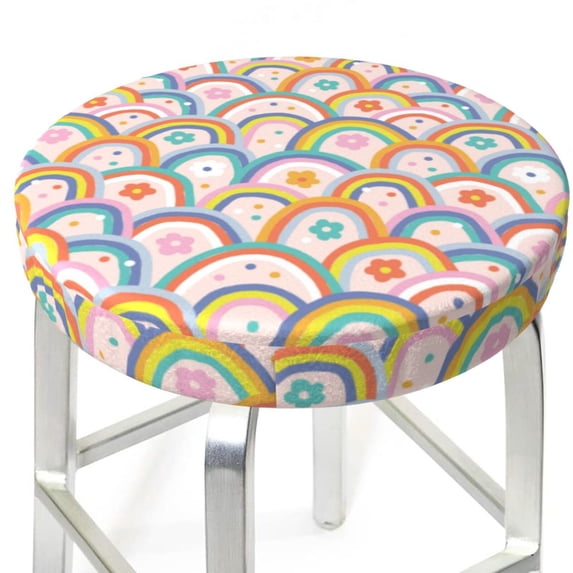 Uemuo Rainbow Flowers Pattern Round Bar Stool Seat Covers Washable Stool Cushion Slipcover Elastic Bar Chair Covers-14 inch