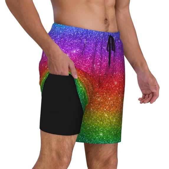 Uemuo Rainbow Glitter Pattern Mens Swim Trunks Quick Dry Board Shorts with Mesh Lining, Stretch Beach Shorts Quick Dry No-Chafing Board Shorts-XX-Large