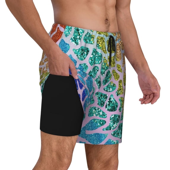 Uemuo Rainbow Glitter Pattern Mens Swim Trunks Quick Dry Board Shorts with Mesh Lining, Stretch Beach Shorts Quick Dry No-Chafing Board Shorts-Small