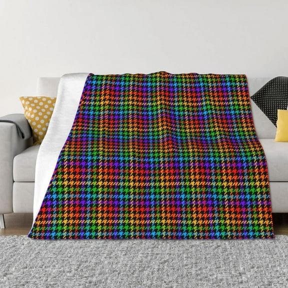 Uemuo Rainbow Houndstooth Printed Throw Blanket for Couch, Fluffy Fuzzy Blankets for Bed, Sofa, Cozy Flannel Faux Fur Blanket-