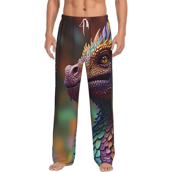 Uemuo Rainbow Scales Fantasy Dragon Pattern Men's Wide Leg Palazzo Lounge Pants with Pockets Light Weight Loose Comfy Casual Pajama Pants-Medium