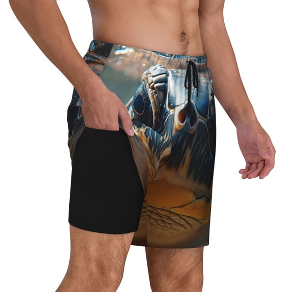 Uemuo Realistic Cute Sea Turtle Pattern Mens Swim Trunks Quick Dry Board Shorts with Mesh Lining, Stretch Beach Shorts Quick Dry No-Chafing Board Shorts-Medium