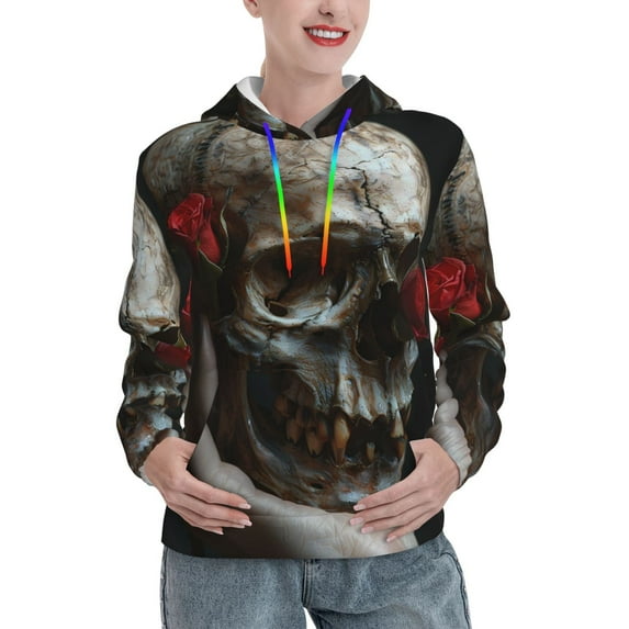 Uemuo Realistic Rose Skull Pattern Women's Hoodie with Eye-catching Drawstrings- Casual Pullover Hoodie with Kangaroo Pocket, Stylish Hooded Sweatshirt-XX-Large