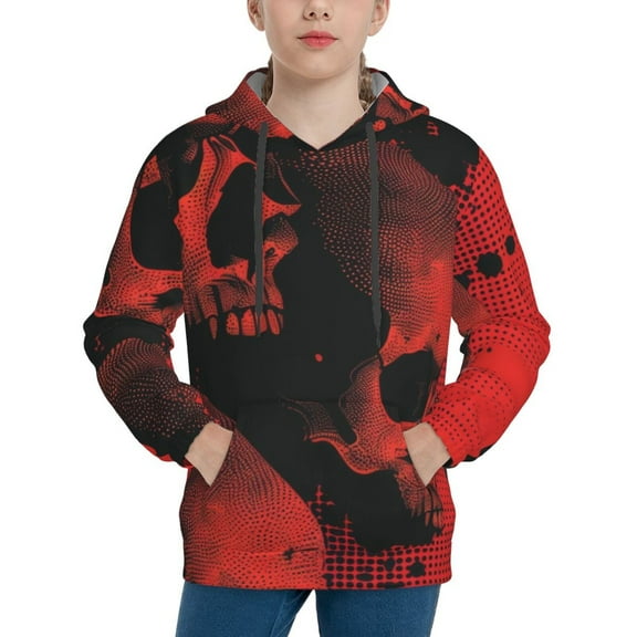 Uemuo Red And Black Abstract Skull Pattern Hooded Sweatshirt for Youth Pullover with Kangaroo Pocket Trendy youth sweatshirt Casual Hoodie for Boys and Girls-Medium